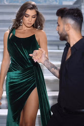 Simple Long Dark Green Sexy Velvet Sleeveless Prom Dress With Slit